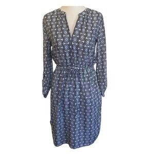 LOFT‎ 3/4 Shirt Dress w/Cinch Waist & Pockets Geometric Black & White Floral- XS